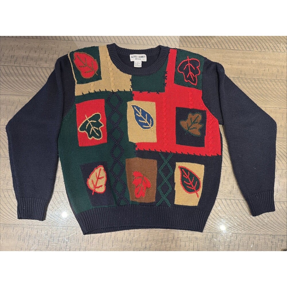 Alfred Dunner Wool Blend Fall Leaves Knit Sweater P Large Winter Cozy Grandma